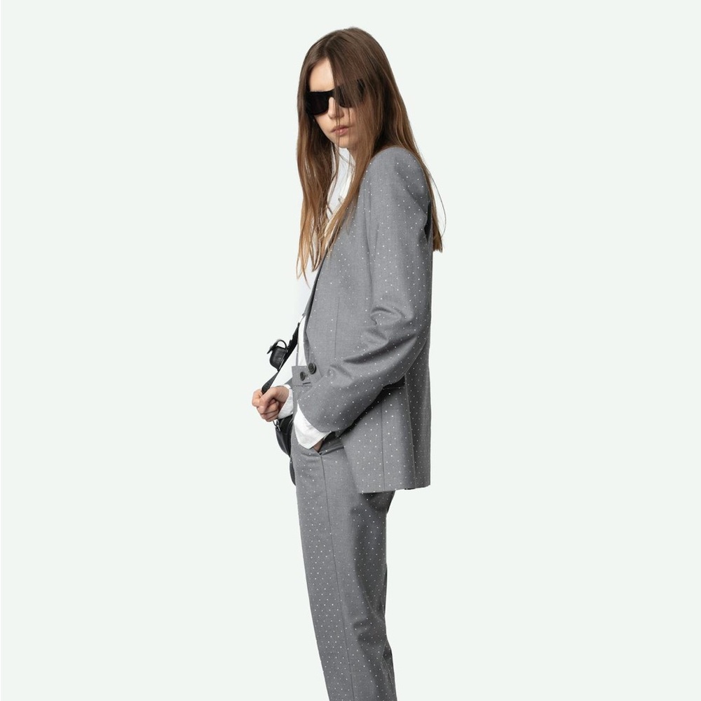 Zadig & Voltaire Valse Polka Dot Rhinestone Embellished Grey Structured Blazer - Picture 4 of 12